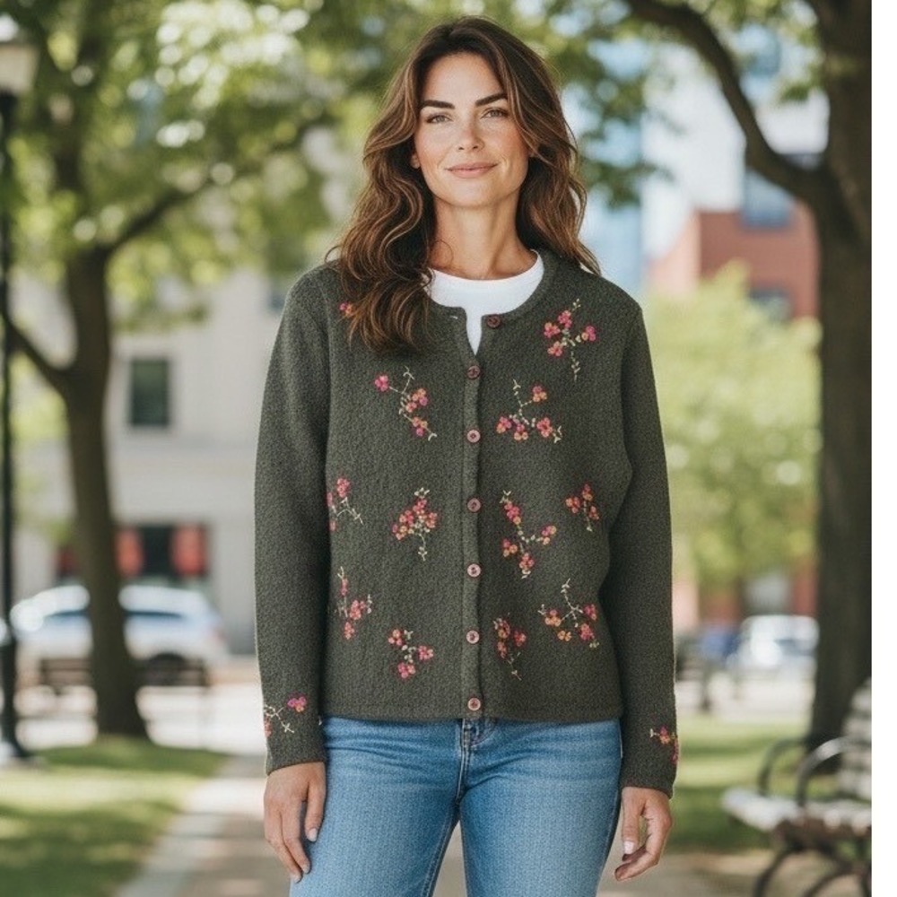Casual Corner Annex Petite S Olive Green Floral Embroidered Vintage‎ Cardigan